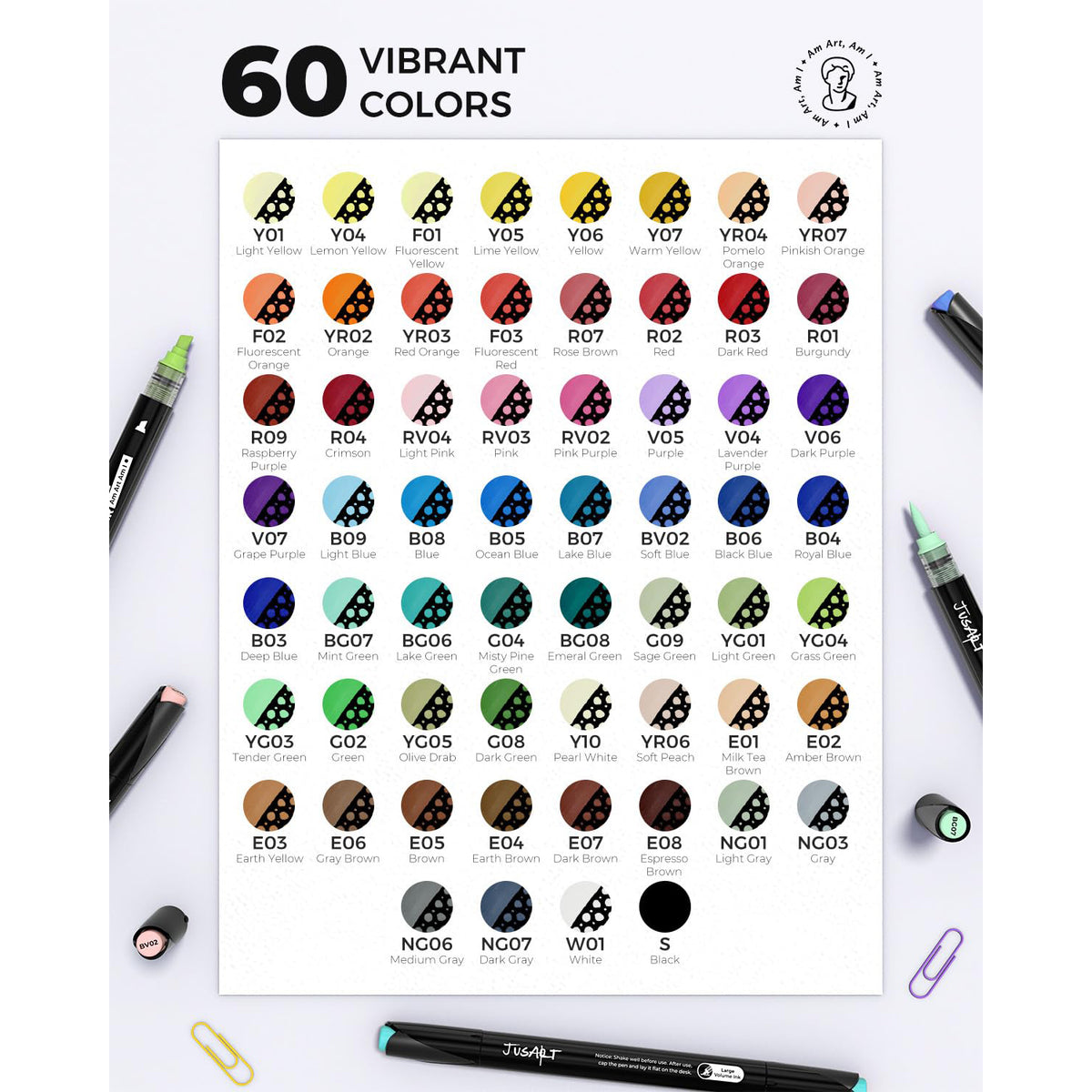 JusArt Automatic Ink Control Acrylic Paint Markers,60 Colors Dual Tip with Broad Tip and Brush Tip Pens for Ceramic, Wood, Canvas, Glass, Stone, Fabric, Rock Painting, DIY Crafts Art Supplies Kit