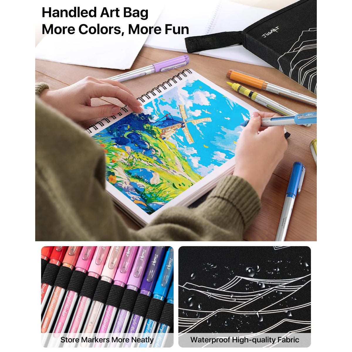 JusArt Acrylic Paint Markers Brush Tip 36 Colors, Water-Based No-Bleed Markers with Automatic Ink Control, Waterproof Acrylic Paint Pens for DIY Art Crafts -Fabric, Rock, Wood, Glass, Ceramic, Metal