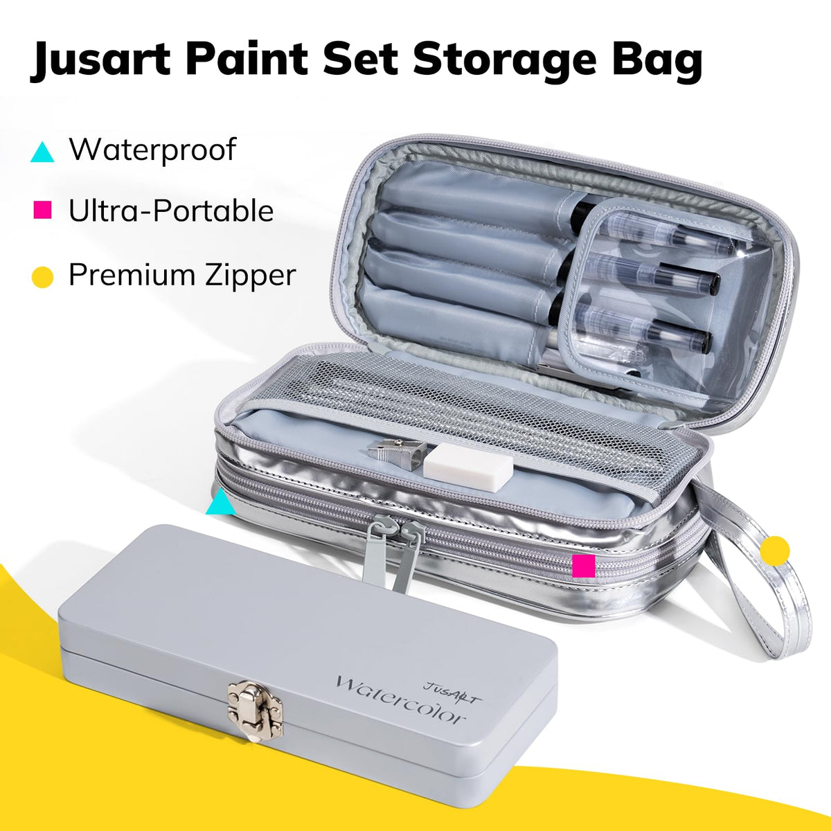 JusArt 100 Colors Watercolor Paint Set,Art Supplies with Metallic Color, Detail Painting Brushes, Water Brush Pens, Portable Travel Watercolor Painting Set for Adult, Artists, Professionals