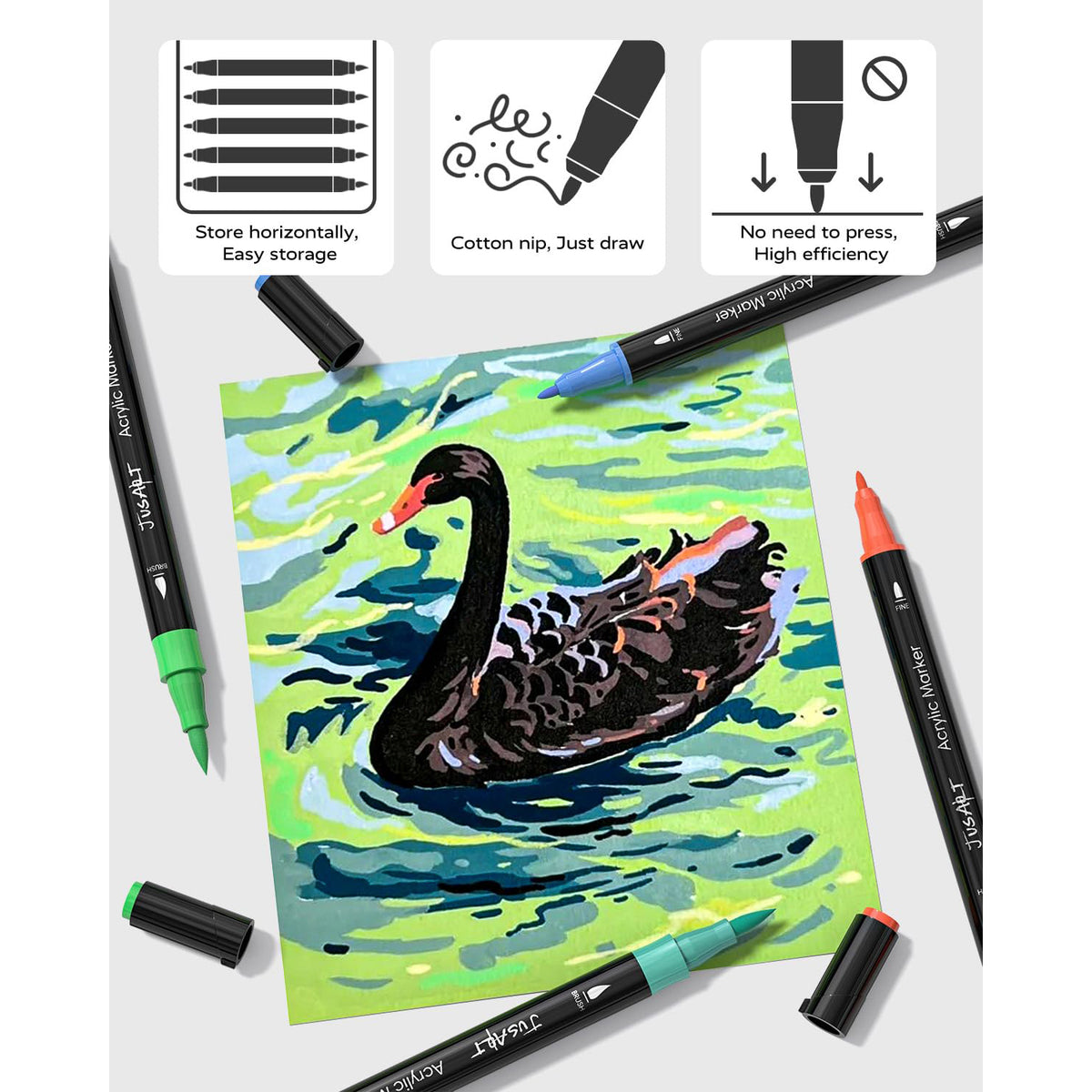 JusArt 24 Colors Dual Tip Acrylic Paint Pens Markers, Brush and Fine Tip, Premium Paint Pens for Wood, Canvas, Egg, Stone, Fabric, Rocks, Metal, Glass, Ceramic, DIY Crafts Making Art Supplies Gifts