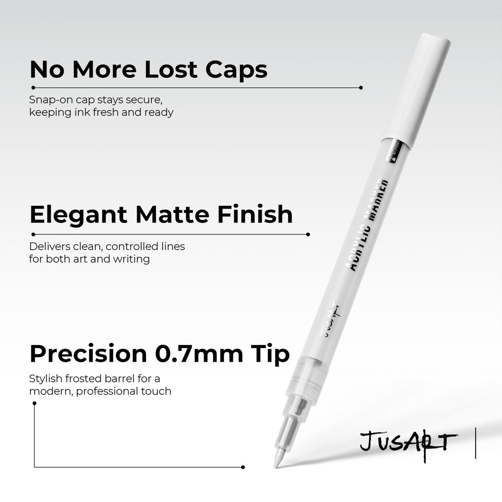 JusArt 3 Pack White Permanent Markers, 0.7mm Fine Point Acrylic Paint Pens for Rock Painting, Art Projects, Ceramic, Glass, Wood, Metal, Fabric, DIY, Ideal White Acrylic Marker for Art Supplies