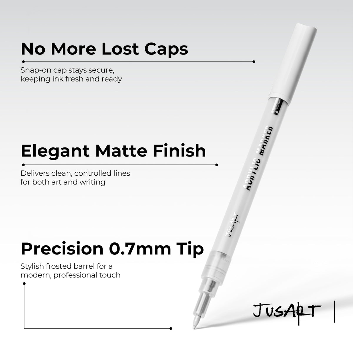 JusArt 3 Pack White Permanent Markers, 0.7mm Fine Point Acrylic Paint Pens for Rock Painting, Art Projects, Ceramic, Glass, Wood, Metal, Fabric, DIY, Ideal White Acrylic Marker for Art Supplies