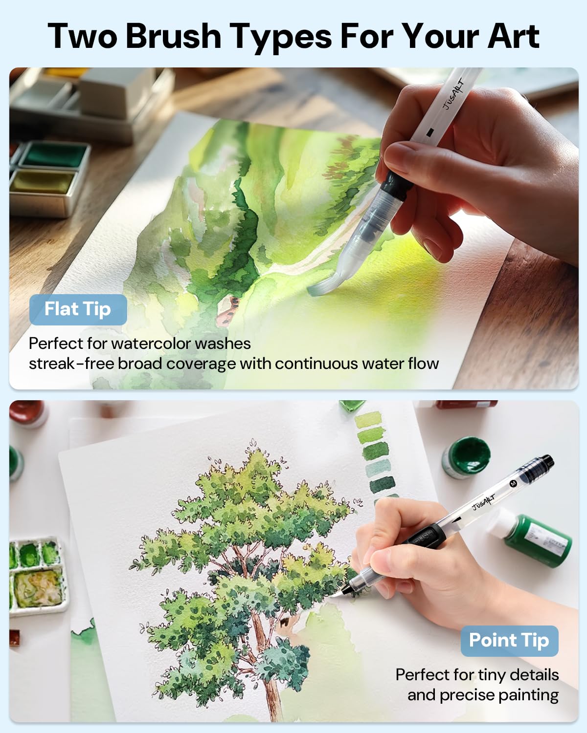JusArt Water Brush Pens 12-Pack Leak-Proof Refillable Watercolor Pens for Acrylic and Gouache Painting - Includes Pointed & Flat Tip Styles - Portable Water Brushes for Artists, Beginners