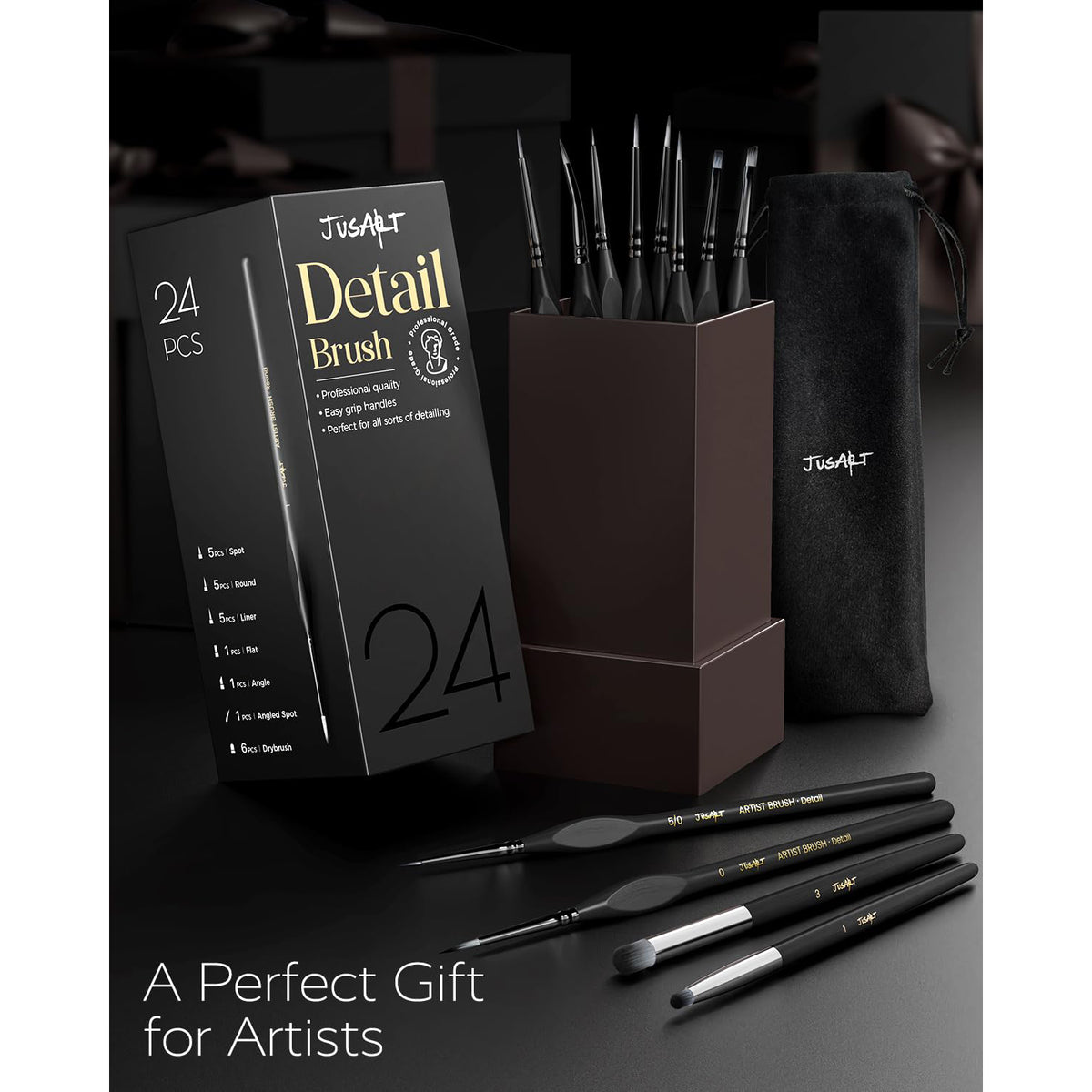 JusArt 24-Piece Detail Paint Brush Set, Miniature Paint Brushes for Models, Acrylic Oil Watercolor, Professional Fine Detail Brushes for Adults & Miniature Painters