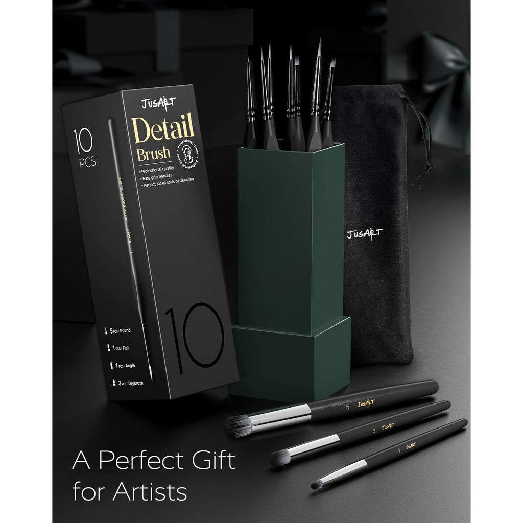 JusArt 10-Piece Detail Paint Brush Set, Miniature Paint Brushes for Models, Acrylic Oil Watercolor, Professional Fine Detail Brushes for Adults & Miniature Painters