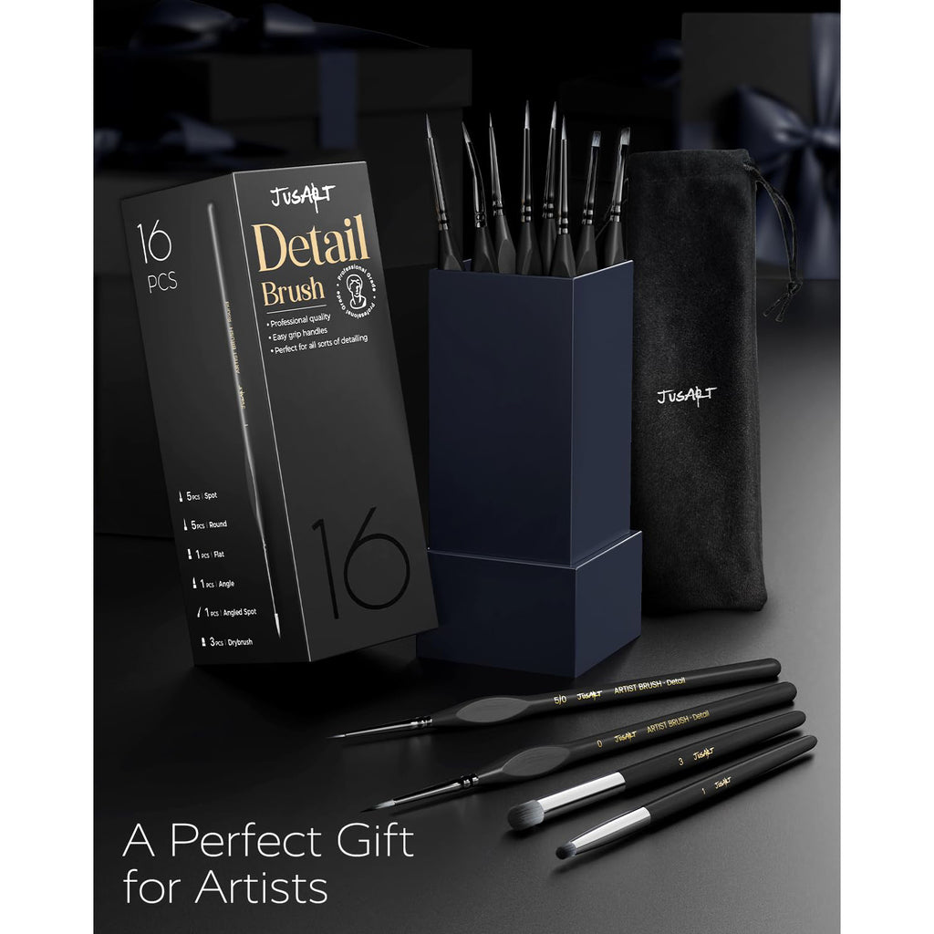 JusArt 16-Piece Detail Paint Brush Set, Miniature Paint Brushes for Models, Acrylic Oil Watercolor, Professional Fine Detail Brushes for Adults & Miniature Painters