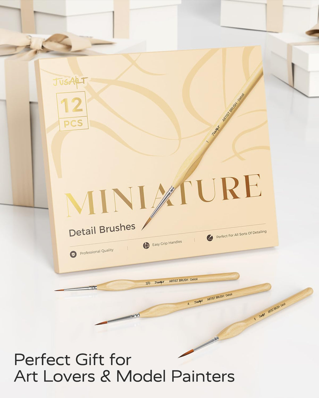 JusArt Detail Paint Brushes Set, 12 PCS Fine Tip Model Miniature Paint Brushes for Fine Detailing - Acrylic, Watercolor, Oil, Models, Rock Painting & Paint by Number - Triangular Handles (Wood)