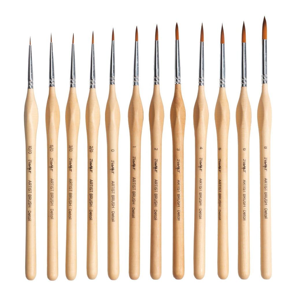 JusArt Detail Paint Brushes Set, 12 PCS Fine Tip Model Miniature Paint Brushes for Fine Detailing - Acrylic, Watercolor, Oil, Models, Rock Painting & Paint by Number - Triangular Handles (Wood)